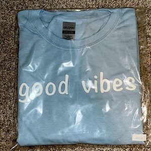 Hand made MEDIUM light blue GOOD VIBES short sleeve tee